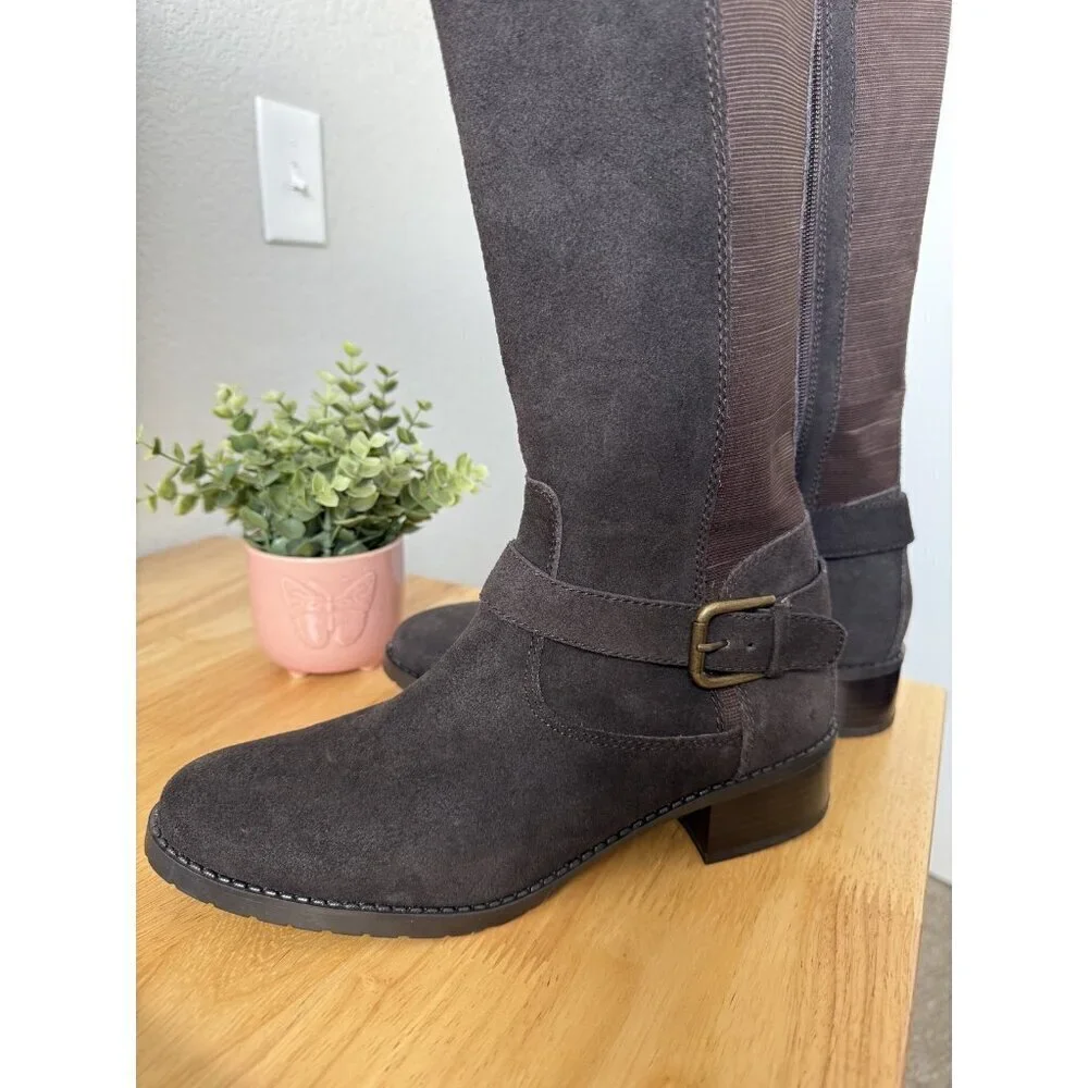 DONALD J PLINER Beso Brushed Suede Knee High Riding Buckle Boots Brown Western